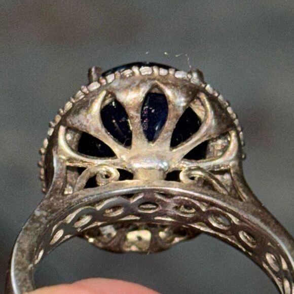 925 Sterling silver Large Dark blue Sapphire & Pave CZ 14mmx12mm,6.78g ring Sz 9 - Picture 5 of 10